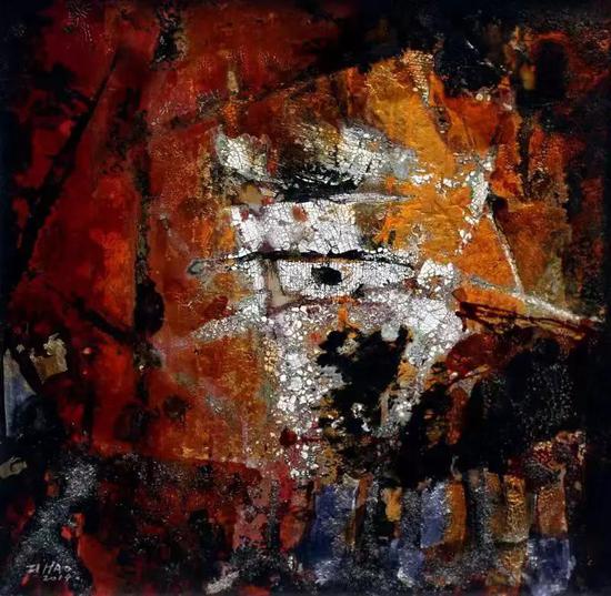 《国粹意象组画系列之生》  陈自豪  50x50cm   漆、瓦灰、蛋壳、布、木板  2014